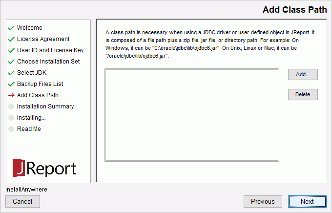 JReport Designer Installation wizard - Add Class Path screen