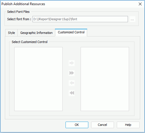 Publish Additional Resources dialog - Customized Control tab