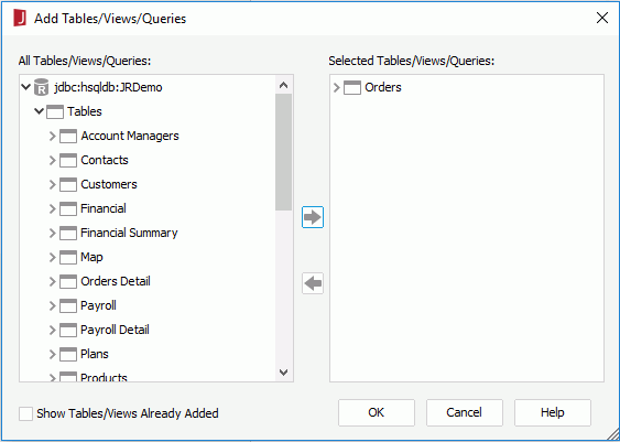 Add Tables/Views/Queries dialog