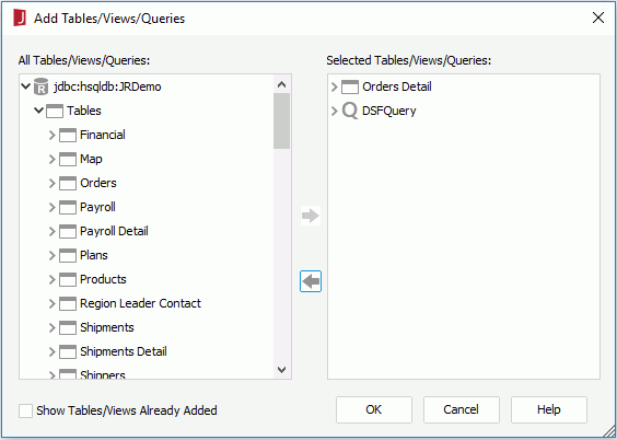 Add Tables/Views/Queries dialog